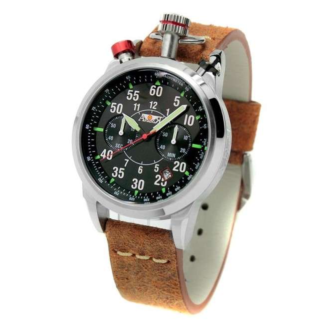Aviator Watch Air Racer AV-1100 quadrante nero e cinturino in pelle grunge marrone pilot's watch