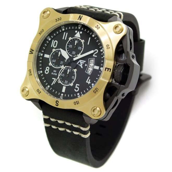 AVIATOR watch Instruments AV-1197-PNE Gold, 52 mm steel case, leather strap, calendar, mineral crystal, WR 10 ATM.