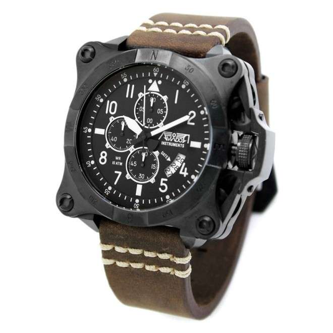 AVIATOR watch Instruments AV-1195-PME Black, steel case 52 mm, leather strap, calendar, mineral crystal, WR 10 ATM.