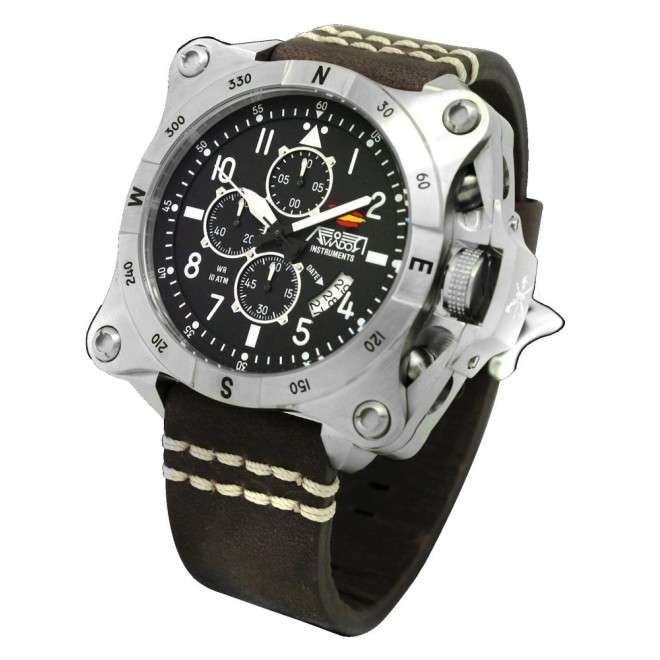 AVIATOR watch Instruments AV-1196-PME Steel, steel case 52 mm, leather strap, calendar, mineral crystal, WR 10 ATM.