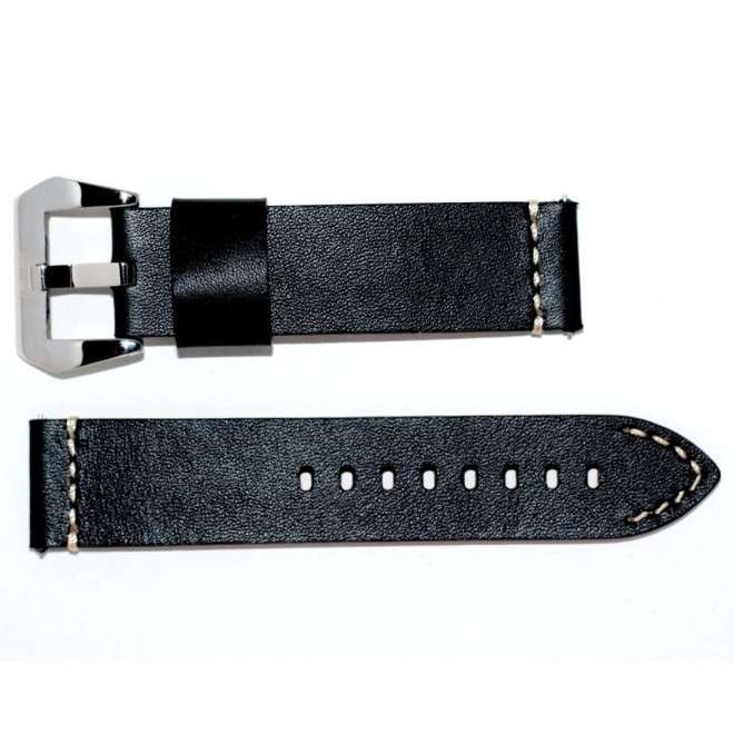 Cinturino da aviatore in pelle nera vintage con cuciture bianche, 22mm