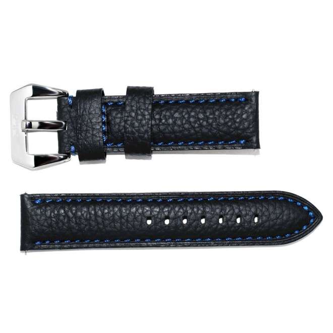 Cinturino da AVIATORE in pelle nera con cuciture blu 22mm