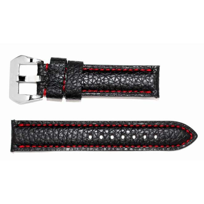 Bracelet AVIATEUR en Cuir Noir avec Surpiqûres Rouges 20mm