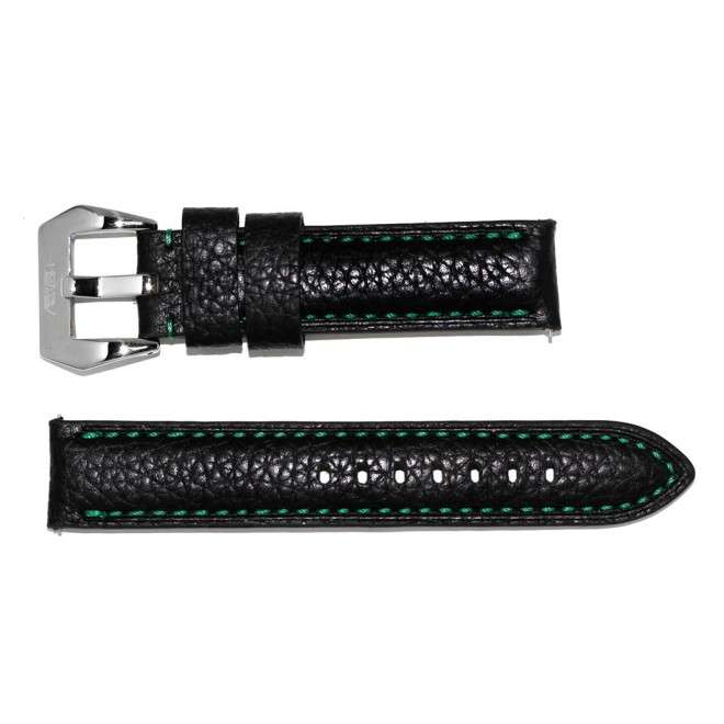 Bracelet AVIATEUR en Cuir Noir avec Surpiqûres Vertes 20mm